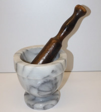 *PETIT MORTIER en MARBRE BLANC Veiné Gris avec son PILON BOIS DECO CUISINE  D