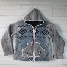 Veste Capuche Hippie Full Zip Épais Laine Maille Homme M Gris Made Népal Babacoo
