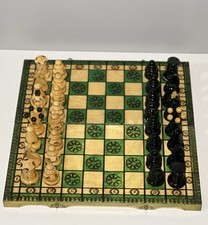 jeux d'échecs Vintage Bois Gravée Verni Vert Pomme Échiquier Royal Complet
