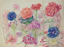 ANCIENNE PLANCHE DE DESSINS ORIGINAUX ETUDES DE FLEURS BOTANIQUES SIGNEE (14)