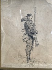 Dessin ancien sous verre encre Soldat guerre franco/prussien  1870  chassepot