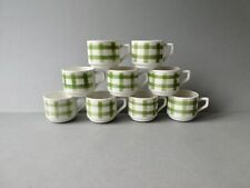 9 tasses  à café en céramique, faïence, décor nappe, vert, vintage années 70