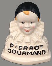 Présentoir publicitaire pour sucettes PIERROT GOURMAND en faience / Ht : 22cm