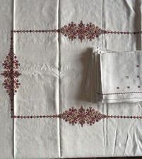 VINTAGE Grande nappe en lin écru brodée point de croix + 12 serviettes