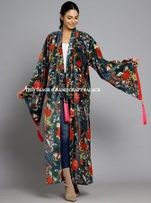 Floral Vert Velours Banyan Tissu Kimono Coton Velours Robe Veste Longue Ofmd