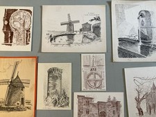 Lot 8 Dessin Encre Eglise Pierre Sud Ouest France Bâtiment Moulin 1970 XXe Art