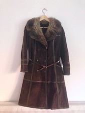 Manteau femme vintage en daim, cuir et col véritable fourrure renard 1970- 1980