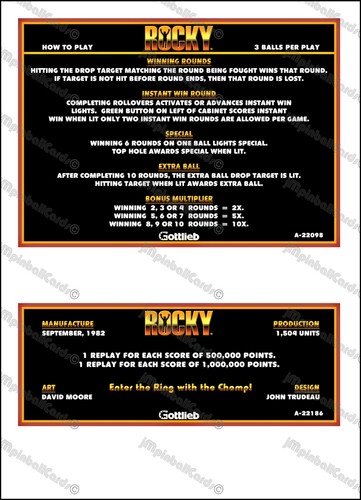 Gottlieb rocky 1982 cartes - rocky,