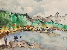 Très Belle peinture aquarelle Papier 2010 Corse Mer Plage À Identifier Art Bain