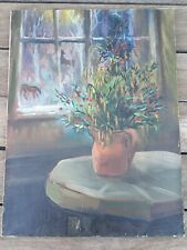 TABLEAU ANCIEN SIGNÉ AUGUSTE CLERGÉ 1946 BOUQUET FLEURS DEVANT LA FENÊTRE 61X46