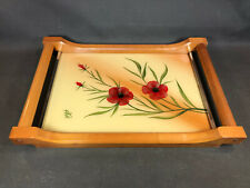 Ancien joli plat de service de table en bois et verre décor coquelicots vintage