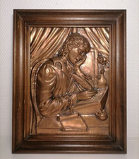 Tableau  écrivain ou poète en étain recouvert de feuille de cuivre cadre en bois