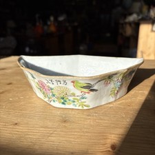 Ancien Bol feuille porcelaine chinoise Famille Rose oiseaux fleurs 20 cm