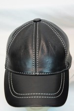 Casquette En Cuir D'Agneau 100% Authentique Noir Avec Visière Fils Blanc NWT