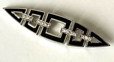 BROCHE vintage style ART DECO Argenté émail NOIR strass comme NEUF 6,8cm