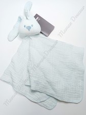 Doudou Plat/Mouchoir Tissu Lange Carré Lapin Yeux Nez Bleu Clair Lapidou  Nattou