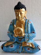 Sculpture De Bouddha En Bois Massif De Noyer Indien Ou Suar 26X12X32H Bleu Et Or