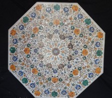 42 " Marbre Blanc Dîner Table Top Inlaid Demi-Précieuses Pierres Art