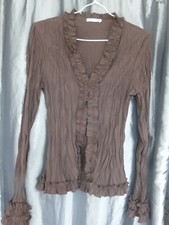 chemisier  Promod marron à volants 100% polyester t.40  tbé