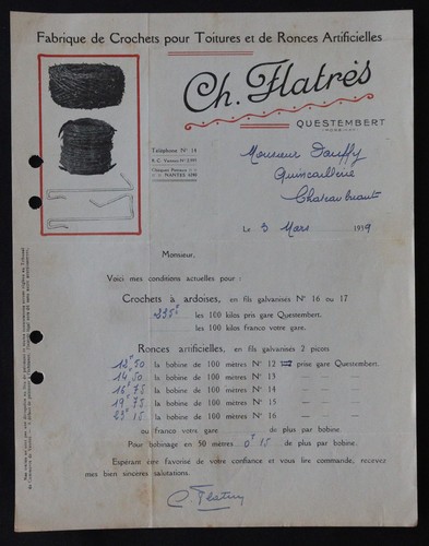 Facture questembert 1939 - facture,