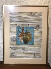 Aquarelle nature morte en trompe l’œil signée Guy Vidal 2002 . 65 X 50 cm