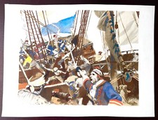 Albert Brenet-Rare Pochoir rehaussé-1940-le Capitaine Jean Bart « à l’abordage »