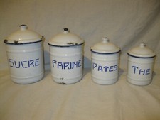 Retro Lot 4 Anciennes BOÎTE À ÉPICES en TÔLE ÉMAILLÉE Pot Farine Sucre Pâtes Thé
