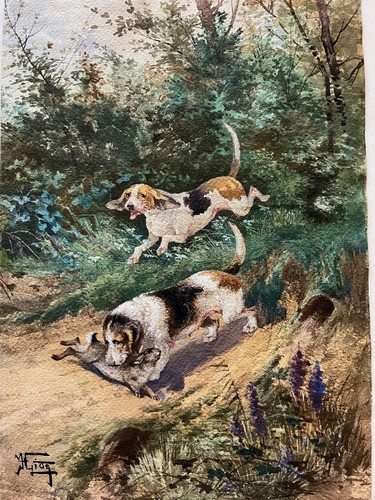 Aquarelle ancienne chiens - ancienne, de