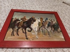 petit tableau scène orientaliste Fantasia chevaux huile / panneau XXe