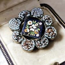 Broche Micromosaique Art Nouveau Décor Floral Sur Laiton Fermoir En C 28 X 28mm