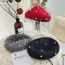 Chapeau Béret Femme En Fausse Laine Avec Perles Et Maille, Casual Vintage