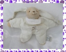 Doudou Lapin Semi Plat Tissu Blanc Cassé Brodé Bavoir Doudou et Compagnie