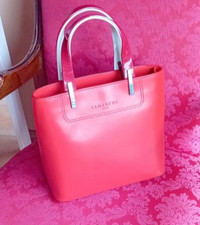 Sac Lamarthe cuir ,  rouge orangé , anses rigides en résine bicolore 