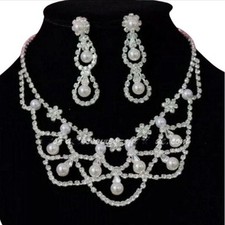 Parure femme bijoux mariage - Argent rhodié cristal clair perle blanche