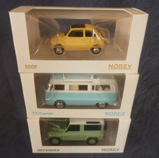 Lot de miniatures au 1/43: VOLKSWAGEN Combi T2, FIAT 500F et LAND ROVER Defender