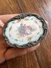 Boite & Pilulier Argent Second Titre Et Plaque Porcelaine Peinte Antique Box