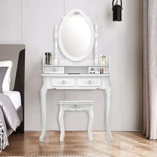 Coiffeuse Blanche Moderne avec Miroir, 4 Tiroirs & Tabouret - Table Maquillage