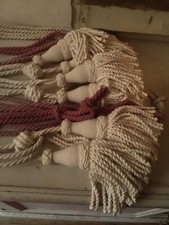 LOT PAIRES EMBRASES RIDEAUX ROUGE BLANC DOUBLE CORDON ROMANTIQU ANCIEN PATINE XX