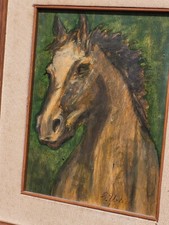 Tableau signé. 1972. Portrait : Cheval. Peinture huile sur panneau de bois