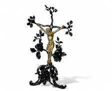 Christ en bronze sur croix fer forgé décor floral XXème