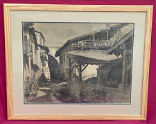 Debut XXeme Grand Tableau Dessin Fusain Femme au Lavoir Scene de Village A.Saure