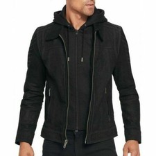 Veste à capuche motard bombardier noir en cuir véritable daim pour hommes -...