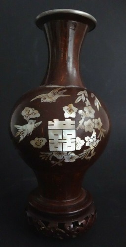Vase incrustation nacre oiseau