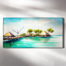 Horloge murale sur toile 60x30 peinture paysage tropique mer bungalow île cabane
