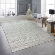 Tapis de salon à poils longs style boho avec motifs à losanges et cercles, beige