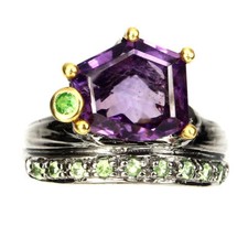 Bague en plaqué or, argent massif 925, vrais  Améthyste, Péridot, Tsavorite