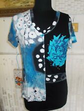 Tee shirt TOP noir stretch rond blanc/turquoise strass CHRISTINE LAURE t.2 38/40