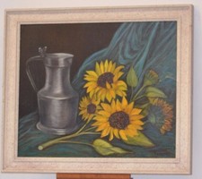 ANCIEN PEINTURE SUR TOILE NATURE MORTE ÉTAIN ET TOURNESOL TABLEAU CADRE PANNEAU