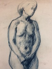 Beau Dessin ancien Jean Terles  portrait femme  Nue pudique féminin debout  1930