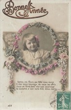 CP BONNE ANNEE MEDAILLON FLEURS PORTRAIT PETITE FILLE BLONDE